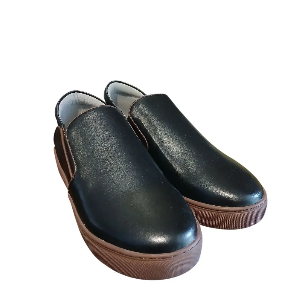 Ruby Label Size 6 Boys EU 38 Black Leather Brown Trim Loafer Slip-On Shoes Dress